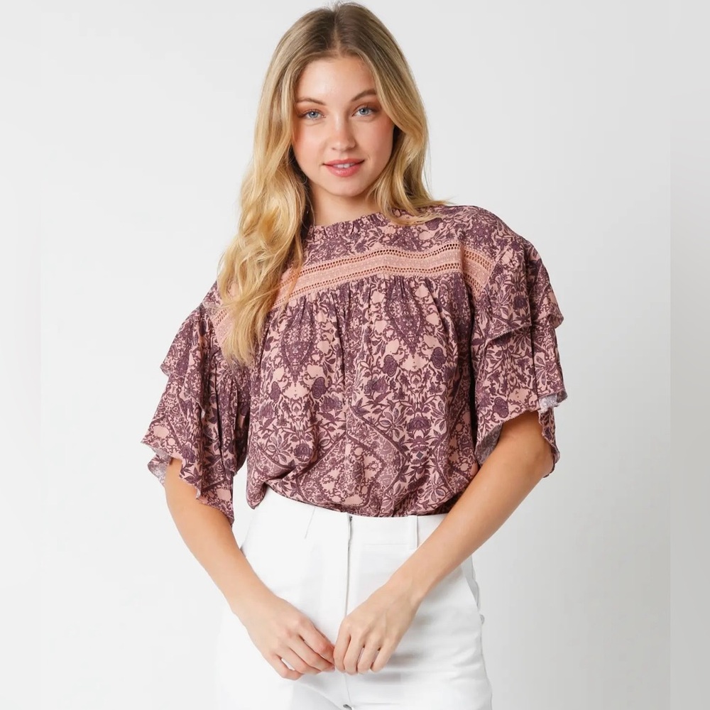 Olivaceous Mauve Floral Ruffle Blouse